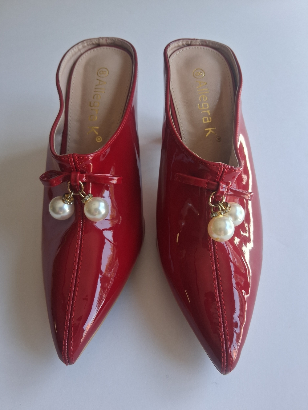 Allegra K Red Patent Pointed Pearl-Trim Mules Size 8